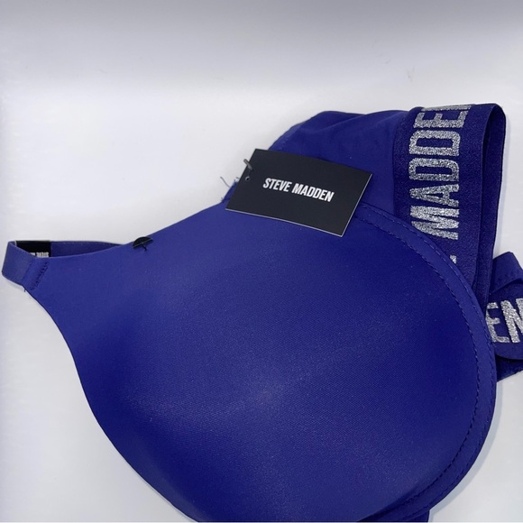 New Steve Madden Women’s Logo T Shirt Bra Glam Sparkle Blue Silver 40D Plus - Picture 3 of 6